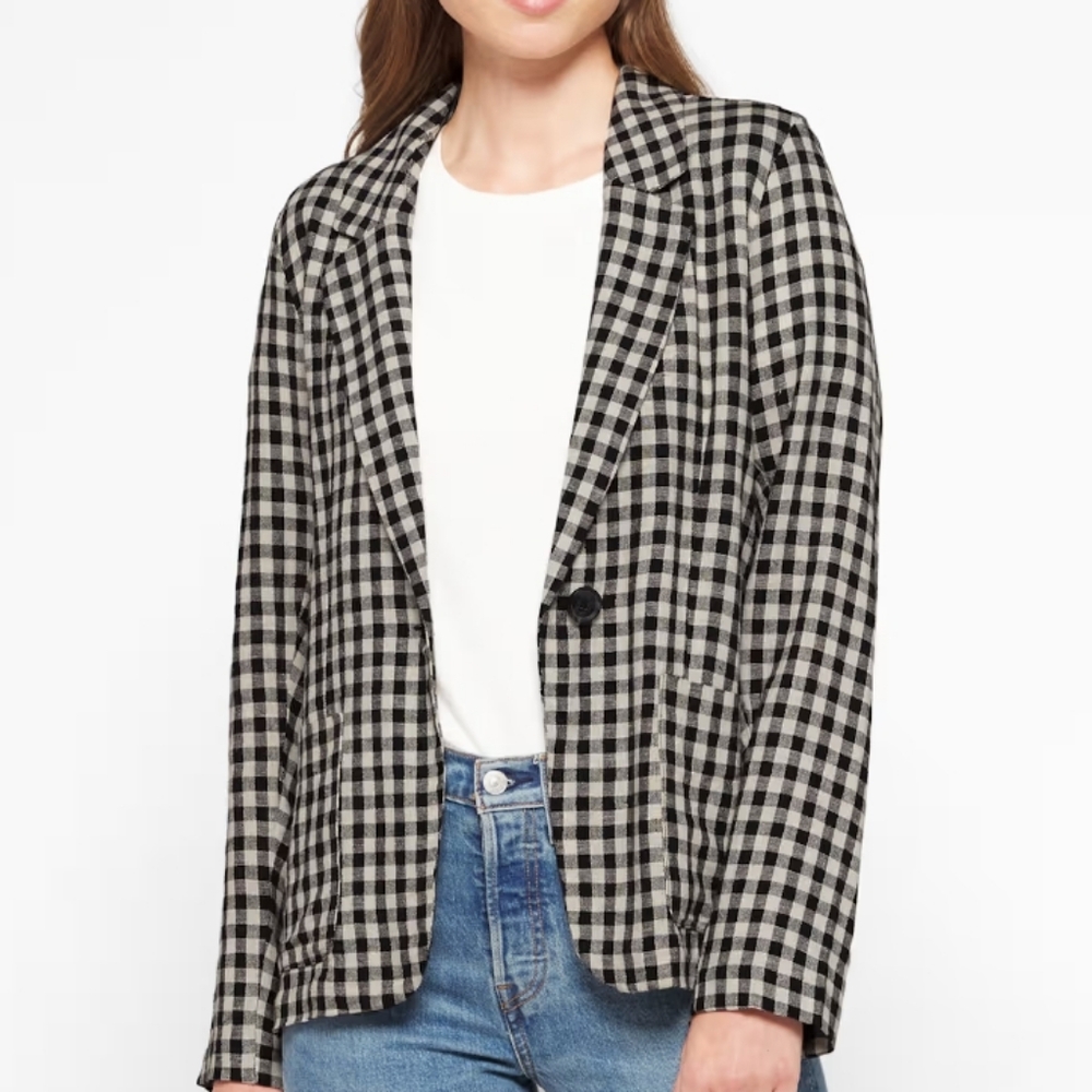 Sanctuary Black and White Checkered Linen Blend Blazer, Size XL